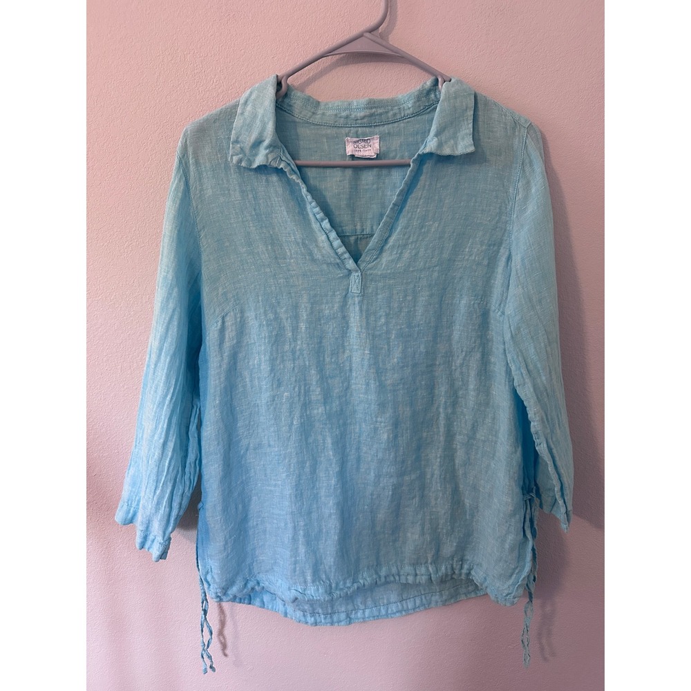 Sigrid Olsen Linen Blouse Small Blue Excellent V-Neck Side Tie 3/4 Sleeve Top